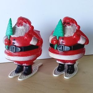 Set of 2 Vintage Hard Plastic Rosbro or Rosen Santa on Snowshoes